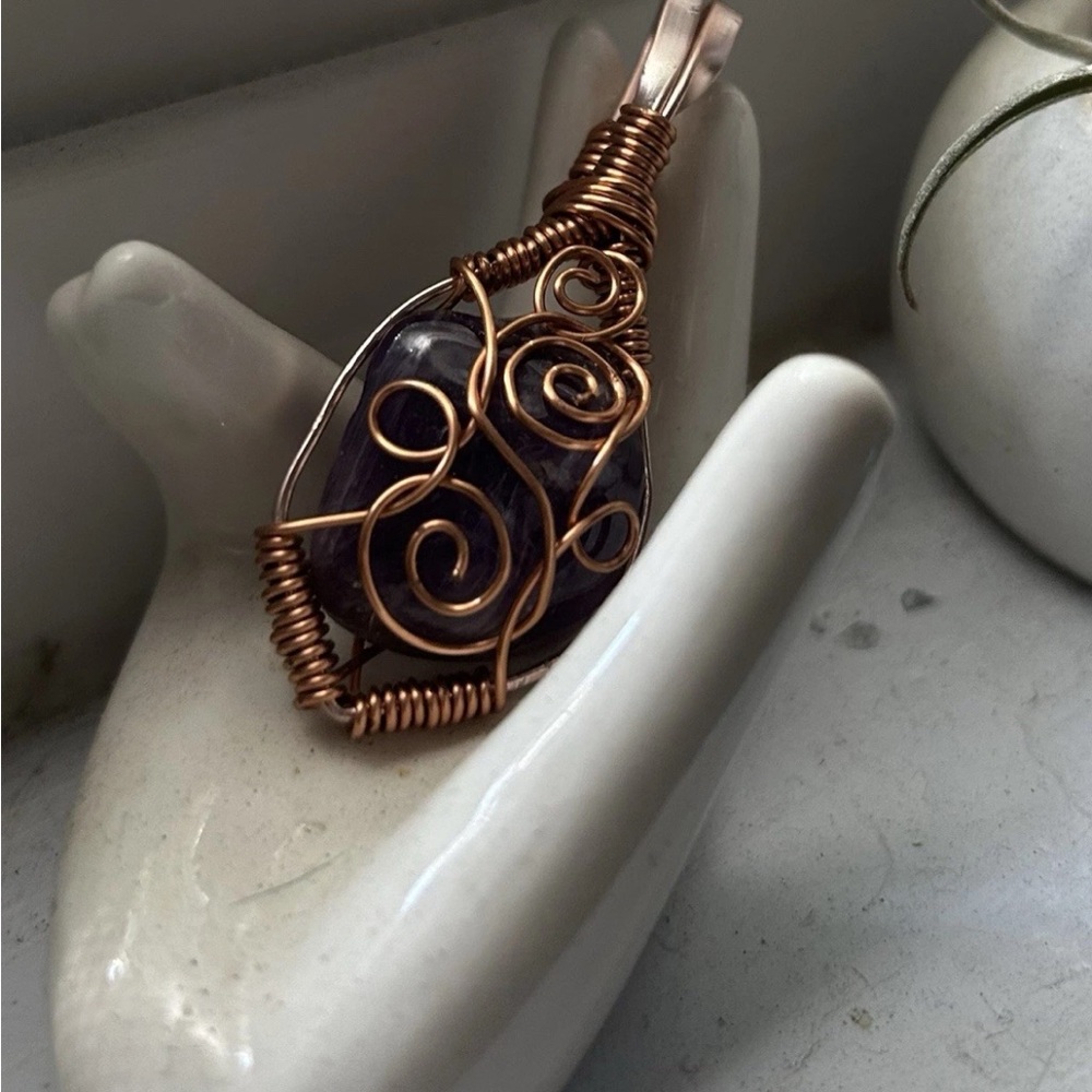 Copper Wire Wrapped Amethyst Stone Pendant